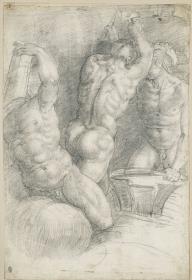 Drei männliche Akte bei der Arbeit in der Schmiede des Vulkan (wohl nach einem Fresko von Francesco Salviati im Palazzo Farnese)