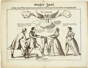 Großer Zank, zwischen einem Mann und seiner Frau, wer von beiden die Hosen tragen u. im Haus die Ober-Herrschaft haben soll.
