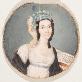 Porträt einer Frau in Chemisenkleid und Turban
