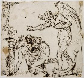 Allegorische Szene mit Saturn, einem Putto und einer schreibenden Figur