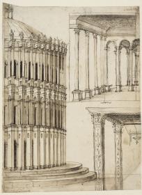 Idealer dreigeschossiger Rundbau; Loggia; Detail eines Vordaches mit zwei Pfeilern