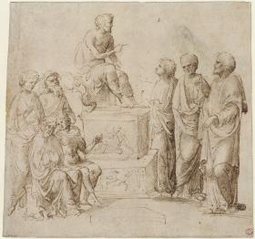 Drei Philosophen und andere Figuren vor einer thronenden Figur