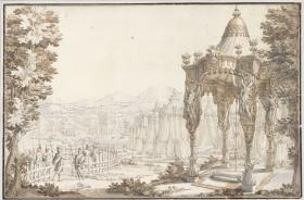 Fürstliches Zeltlager vor einer Landschaft mit Soldaten - Bühnenbildentwurf für 'Der erkrankte Cyrus' (Wien 1736)