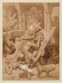 Wie Till Eulenspiegel drei Schneiderknechte vor einem Laden fallen machte. zu: Die wunderbarlichen und seltsamen Historien von Till Eulenspiegel