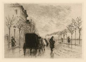 Droschke bei Regenwetter in einer Straße