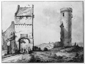 Weite Landschaft mit einem Torbau links und einem einzeln stehenden runden Turm rechts