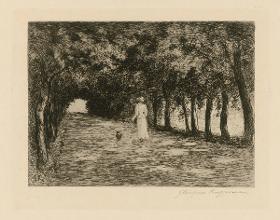 Allee mit Dame und Hund