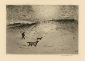 Ebene im Winter mit Jäger und Hunden