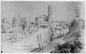 Santa Croce in Gerusalemme (Rom), die alte Fassade, rechts die Ruinen des "Sessoriums"
