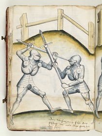 Der eine pariert und wendet die Schwertspitze gegen das Visier des andern. Fecht- und Ringerbuch der Brüder vom Stain (nach Talhoffer)