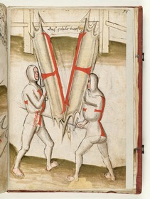Unter den hochgewundenen Schilden hindurch sticht einer den andern in den Leib. Fecht- und Ringerbuch der Brüder vom Stain (nach Talhoffer)