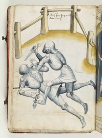Ein Ritter über dem andern, den er niedergerungen hat und zu erstechen sucht. Fecht- und Ringerbuch der Brüder vom Stain (nach Talhoffer)