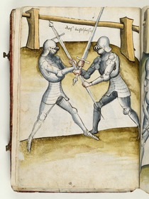 Die Kämpfer im Handgemenge mit gekreuzten Schwertern, die Hände dichter überkreuzt. Fecht- und Ringerbuch der Brüder vom Stain (nach Talhoffer)