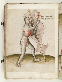 Abwehrstellung mit dem senkrecht gehaltenen Schild von der anderen Seite gesehen. Fecht- und Ringerbuch der Brüder vom Stain (nach Talhoffer)