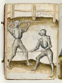 Der eine sucht den andern mit dem Schwertknauf zu Fall zu bringen, indem er ihn damit am Knie zieht. Fecht- und Ringerbuch der Brüder vom Stain (nach Talhoffer)