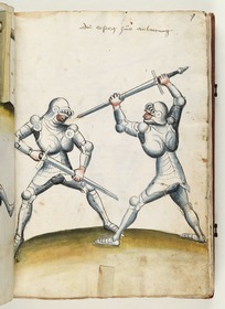 Anfangsstellung beim Schwertkampf. Fecht- und Ringerbuch der Brüder vom Stain (nach Talhoffer)