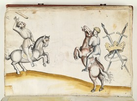 Zwei Jünglinge ohne Helm, zu Pferd einander gegenüber. Der linke hat einen Speer in die Luft geworfen. Das Pferd des rechten bäumt sich. Fecht- und Ringerbuch der Brüder vom Stain (nach Talhoffer)