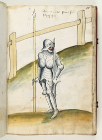 Ritter mit Schwert und Spieß steht gegen den Schuss. Fecht- und Ringerbuch der Brüder vom Stain (nach Talhoffer)