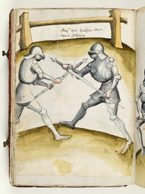 Der eine hindert den andern mit dem Schwertknauf am Schlag. Fecht- und Ringerbuch der Brüder vom Stain (nach Talhoffer)