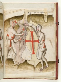 Der eine trifft den andern mit der Keule an die Stirne. Fecht- und Ringerbuch der Brüder vom Stain (nach Talhoffer)