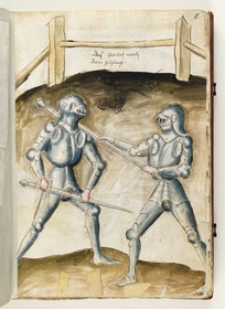 Der eine Ritter zieht den anderen mit dem Schwertknauf an sich. „Das zeren nach dem schlag“. Fecht- und Ringerbuch der Brüder vom Stain (nach Talhoffer)