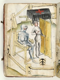 Der Ritter sitzt kampfbereit auf dem Stuhl, vor ihm sein Grießwart mit dem Wandtuch. Hinten eine Bahre. Fecht- und Ringerbuch der Brüder vom Stain (nach Talhoffer)