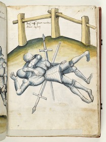 Die beiden Ritter ringen am Boden, nachdem sie sich die Schwerter entwunden haben. Fecht- und Ringerbuch der Brüder vom Stain (nach Talhoffer)