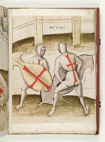 Die Gerichtskämpfer stehen sich mit Schild und Speer gegenüber, der rechte von hinten gesehen „das buchen“. Fecht- und Ringerbuch der Brüder vom Stain (nach Talhoffer)