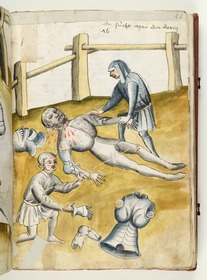 Der Gefallene wird seiner Rüstung entkleidet. Fecht- und Ringerbuch der Brüder vom Stain (nach Talhoffer)