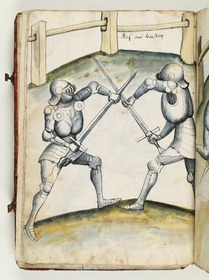 Zwei Ritter im Nahkampf. „Das anbinden“. Fecht- und Ringerbuch der Brüder vom Stain (nach Talhoffer)