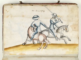 Schwertkampf zu Pferd, mit geschwungenen Schwertern aneinander vorbeireitend. Fecht- und Ringerbuch der Brüder vom Stain (nach Talhoffer)