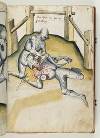 Der Sieger sticht dem Überwundenen den Dolch in den entblößten Hals. Fecht- und Ringerbuch der Brüder vom Stain (nach Talhoffer)