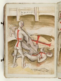 Der Sieger ersticht den Überwundenen mit dem Stechschild. Fecht- und Ringerbuch der Brüder vom Stain (nach Talhoffer)