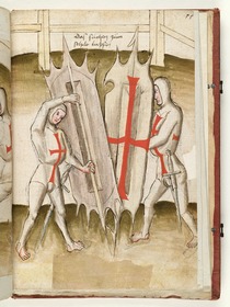 Beide umkreisen sich und suchen sich gegenseitig den Schild wegzustemmen. Fecht- und Ringerbuch der Brüder vom Stain (nach Talhoffer)