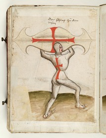 Stoßstellung mit dem waagrechten Stechschild. Fecht- und Ringerbuch der Brüder vom Stain (nach Talhoffer)