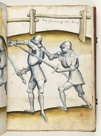 Der eine fasst den andern von hinten am Hals über dem Koller. Fecht- und Ringerbuch der Brüder vom Stain (nach Talhoffer)