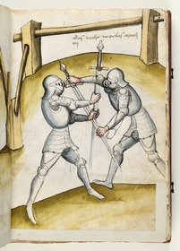 Die Kämpfer im Handgemenge mit gekreuzten Schwertern. Fecht- und Ringerbuch der Brüder vom Stain (nach Talhoffer)