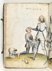 Dem Ritter wird die Rüstung von seinem Knappen angeschnallt. Fecht- und Ringerbuch der Brüder vom Stain (nach Talhoffer)