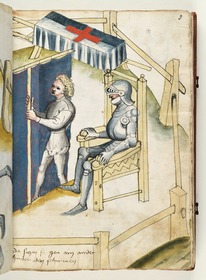 Ein Ritter auf dem Stuhl vor dem Kampf, vor ihm sein Knappe mit einem Wandschirm, hinten eine Bahre. Fecht- und Ringerbuch der Brüder vom Stain (nach Talhoffer)