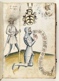 Ein Ritter kniet im Gebet, hinter ihm sein
Knappe, über ihm das Wappen derer vom Stein
(Schwaben). Ein Spruchband trägt die Worte des
Dankgebets. Fecht- und Ringerbuch der Brüder vom Stain (nach Talhoffer)