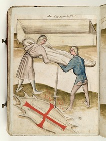 Zwei Männer tragen den Toten in einem Leichentuch zur Bahre. Fecht- und Ringerbuch der Brüder vom Stain (nach Talhoffer)