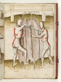 Die Kämpfer stehen sich Schild an Schild gegenüber. Der eine sticht dem andern das Schwert in die Schulter, das dieser vergeblich mit seinem Schild abzuwehren sucht. Fecht- und Ringerbuch der Brüder vom Stain (nach Talhoffer)