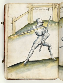 Ein Ritter, das Schwert in der Linken, wirft seinen Speer. Fecht- und Ringerbuch der Brüder vom Stain (nach Talhoffer)