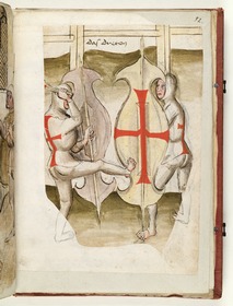 „Das Dreten.“ Der eine Kämpfer tritt mit dem Fuß gegen den Schild des anderen. Fecht- und Ringerbuch der Brüder vom Stain (nach Talhoffer)