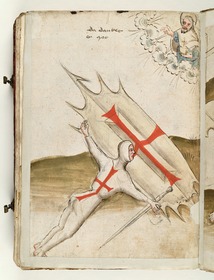 Der Gerichtskämpfer dankt Gott. Sein weißes Kleid trägt ein rotes Kreuz auf Brust und Rücken, ebenso trägt sein oben und unten spitz
auslaufender Stechschild ein rotes Kreuz. Fecht- und Ringerbuch der Brüder vom Stain (nach Talhoffer)