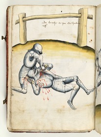 Der Sieger bricht dem Überwundenen das Visier auf. Fecht- und Ringerbuch der Brüder vom Stain (nach Talhoffer)