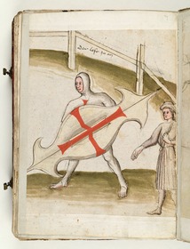 Der eine Kämpfer mit vor sich gehaltenem Schild „der lost in an“. Fecht- und Ringerbuch der Brüder vom Stain (nach Talhoffer)