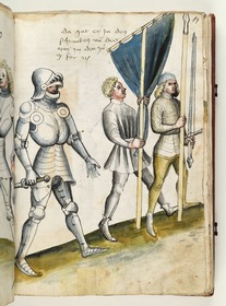 Der Ritter zieht in die Schranken. Vor ihm sein Knappe mit Speer und Schwert und der Träger des Tuches, das die Kämpfenden vor dem Kampf verdeckt. Fecht- und Ringerbuch der Brüder vom Stain (nach Talhoffer)
