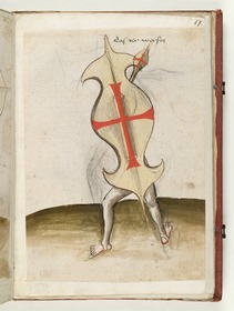 Abwehrstellung mit dem senkrecht gehaltenen Schild. Fecht- und Ringerbuch der Brüder vom Stain (nach Talhoffer)