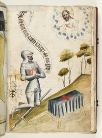 Der Ritter kniet im Gebet vor seiner Bahre, rechts oben erscheint ihm Gott. Fecht- und Ringerbuch der Brüder vom Stain (nach Talhoffer)